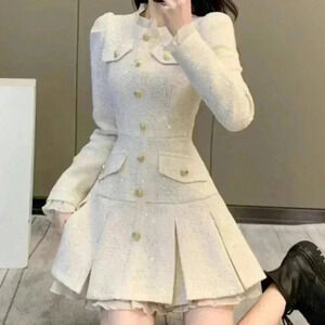 Apricot Elegant Women's Sequin Tweed Pleated Single Breasted Mini Dress